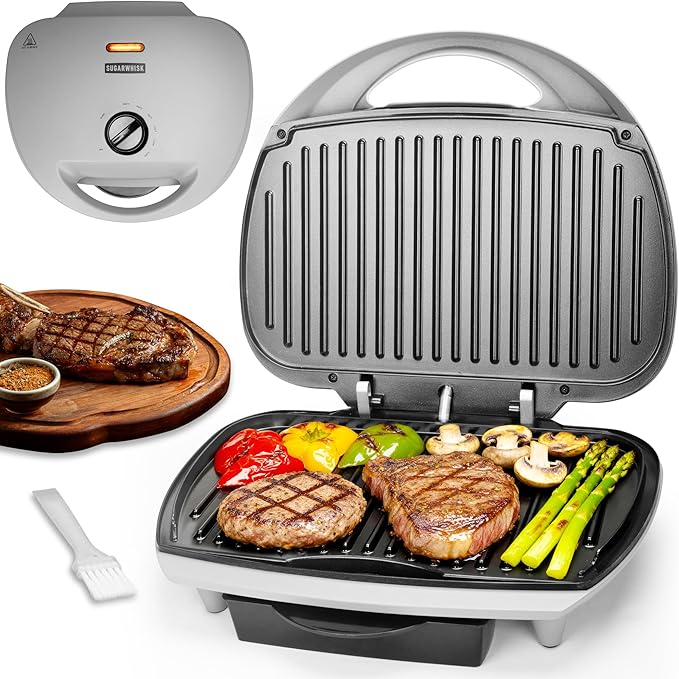 SugarWhisk Family-sized Contact Grill, 6-Serving Electric Indoor Grill with Adjustable Temp Control, Ceramic Coating, 1500W, Silver