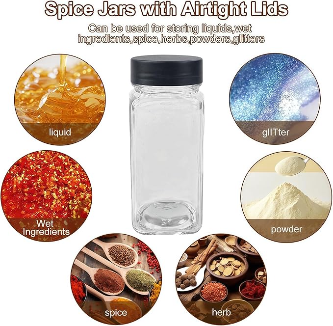 36Pcs Spice Jars Containers with Labels，4oz Black Seasoning Bottles with Shaker Lids for Rack, Cabinet, Drawer,Empty Square Condiment Pots (36, Black)