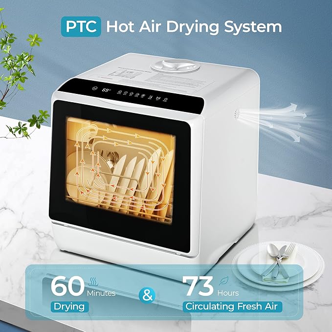 EUHOMY Countertop Dishwasher Portable with 6 Programs, 5L Built-in Water Tank for Apartments & RV, 167℉ High-Temp, No Hookup Needed, Mini Dishwasher with Baby Care, Air Dry/Quick/ECO/Fruit/Normal Mode