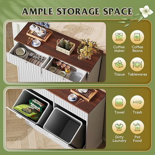 WLIVE 2 * 10 Gallon Double Tilt Out Trash Can Cabinet, Hidden Trash Can Cabinet with Storage Drawers,Food/Clothes Storage Pet Proof Wooden Trash bin Cabinet for Kitchen, Home, Laundry (White)