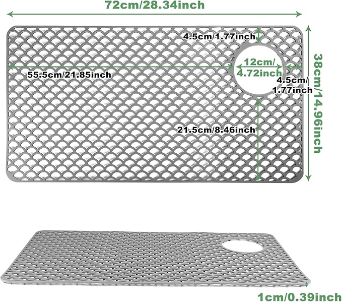 Sink Protectors for Kitchen Sinks - Large 28.4“ x 15” with Right Side Top Hole Heat Resistant Easy to Clean Non-Slip Kitchen Sink Mat for Kitchens Sinks Stainless Steel Bottom (Grey) - 72x38CM
