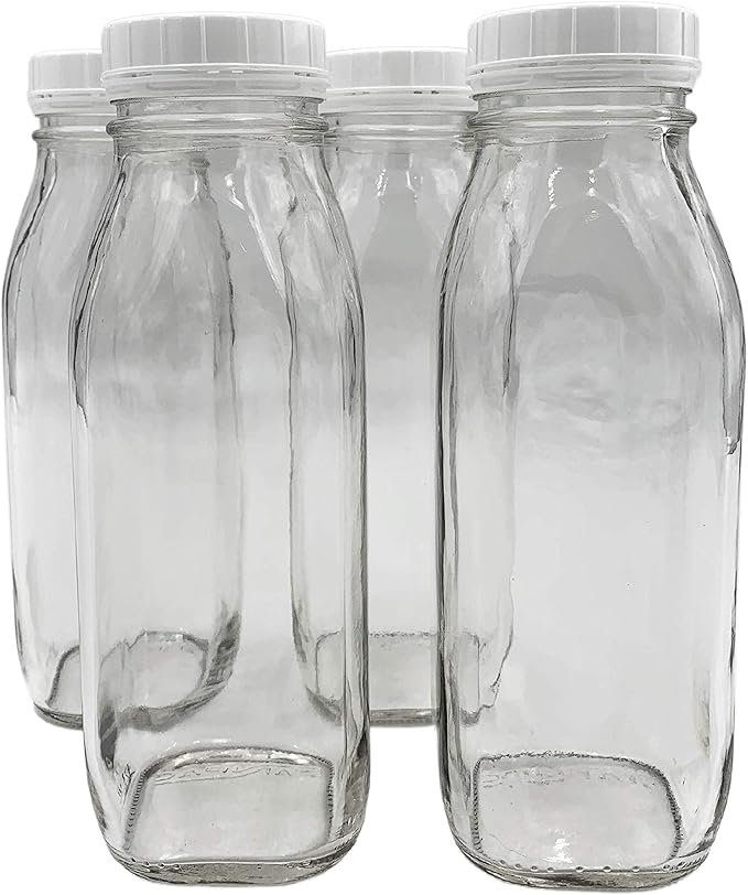 The Dairy Shoppe Glass Milk Bottle, Heavy Glass with Extra Lid, Creamery Style (4, Threaded Pint)