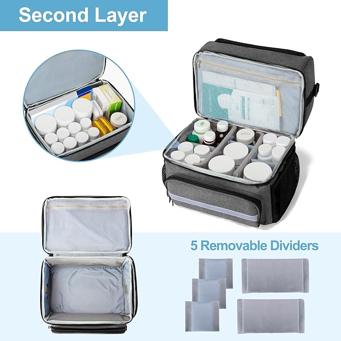 CURMIO Double Layers Medicine Storage Bag, Pill Bottle Organizer Bag with Inner Dividers, Medication Travel Bag for Vitamins, Supplements, Prescription Bottles, Medical Supplies, Gray (Patent Design)