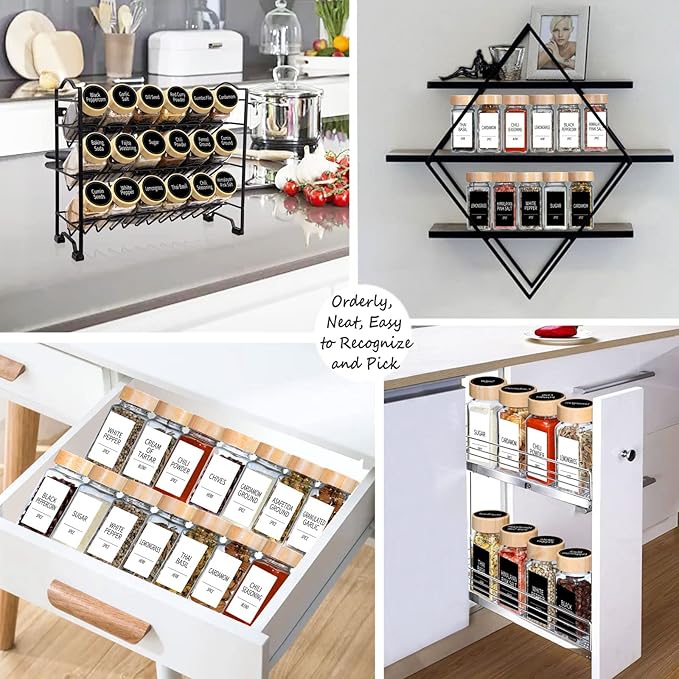 Churboro 24 Spice Jars with Labels & Bamboo Lids - 4 Oz Glass Containers with Shaker Lids, 547 Spice Labels of 3 Different Types Seasoning Jars for Spice Rack, Cabinet, or Drawer