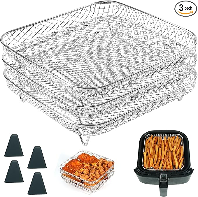 BYKITCHEN 8 inch Square Air Fryer Rack, 3pcs Stackable Stainless Steel Dehydrator Rack with Silicon Feet, Square Air Fryer Accessories for Cosori, Instant Vortex, Ninja Pro XL 6.5 QT AF181 & More