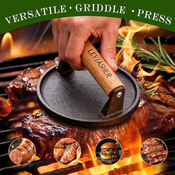 2.2lb Heavy Duty Cast Iron Grill Press, 6.69 inch Smash Burger Press Meat Steak with Wood Handle for Blackstone, Chef, Camp, Panini, Vegetable, Bacon, Sandwich, Nonstick Pan, BBQ, 2 Pack