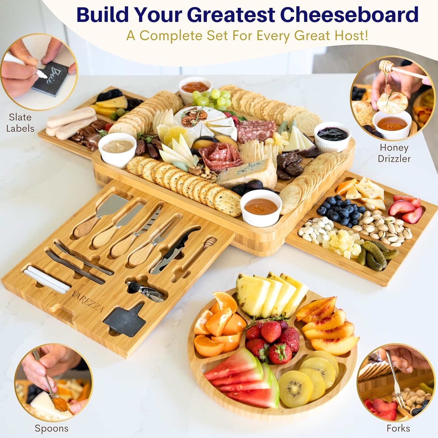 Charcuterie Boards Set – Large Bamboo Cheese Board & Platter with Charcuterie Accessories, Housewarming Gifts for New Home, Bridal Shower, New House Gift
