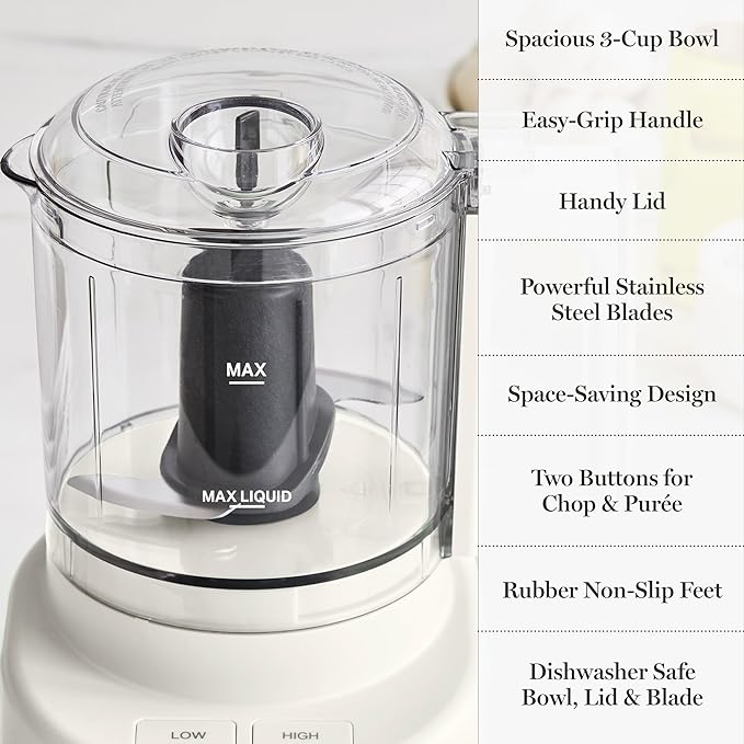 Martha Stewart 3 Cup Electric Food Chopper, Vegetable & Herb Mini Food Processor, 24oz BPA-Free Bowl, Stainless Steel Blades, Pour Spout, Dicing, Mincing, Chop & Puree, Dishwasher Safe, Linen