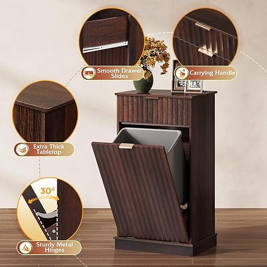WLIVE 10 Gallon Tilt Out Trash Can Cabinet, Hidden Trash Can Cabinet with 2 AC+ USB Outlets, Storage Drawer, Food/Clothes Storage Pet Proof Kitchen Trash bin Cabinet for Home, Launday (Brown)