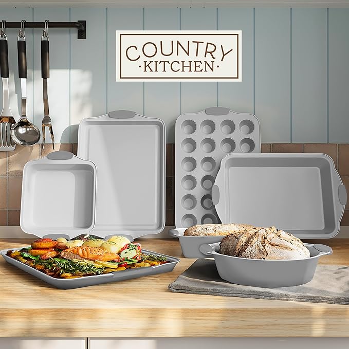 Country Kitchen Nonstick Stackable Bakeware Set - Heavy Duty, Durable, Easy Release Baking Set, Silver, 10 Pcs