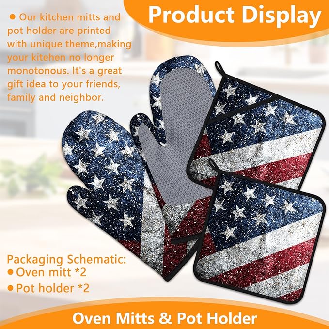American Flag Oven Mitts and Pot Holders Sets 4Pcs Silicone Non-Slip Mitts Heat Resistant Gloves Hot Pads for Kitchen Cooking Baking Grilling BBQ