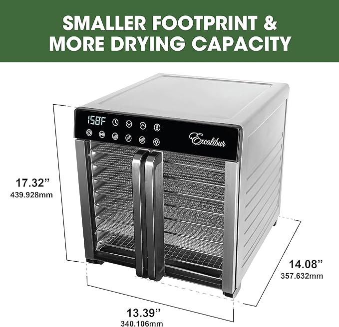 Excalibur Food Dehydrator 8-Tray for Jerky, Fruit, Vegetables, Herbs, Pet Treats, 7.2 Cu Ft Drying Space with Adjustable Temperature Control and 80 hour digital timer, 8-Tray, Stainless Steel