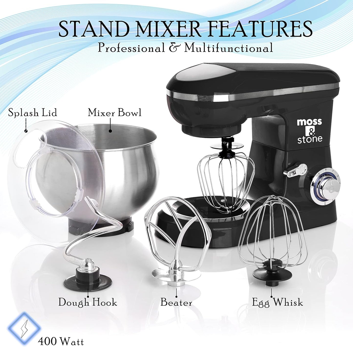 Moss & Stone Black Stand Mixer, 6 Speed Electric Mixer With 5.5 Quart Stainless Steel Mixing Bowl, Black Body Kitchen Mixer With Dough Hook, Egg Whisk, Beater & Baking Spatula, Classic Food Mixer