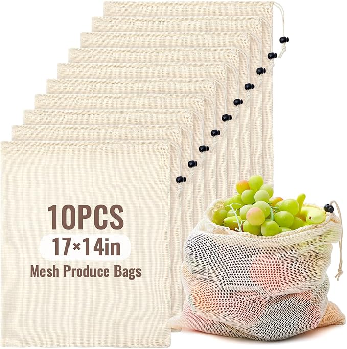 10 Pcs 17 x 14 in Reusable Produce Bags Grocery Washable, Cotton Mesh Produce Bags Plastic Free, Drawstring Closure, Double-stitched Organic Cotton Mesh Grocery Bag for Vegetables Fruit Onions