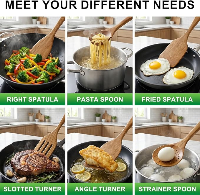 9 Pack Best Wooden Spoons Non Toxic Cooking Utensil Set with Utensils Holder Kitchen Slotted Turner Spatula Set Acacia Wood Utensils for Cooking Spoon Scraper Spurtle Bamboo Flat Egg Flipper Spatulas
