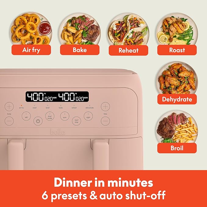 bella 4 Qt TriZone Air Fryer, EverGood™ Ceramic Nonstick Coating, Dual Basket Design w Removable Divider, Digital Touchscreen Control w 6 Preset Cooking Options, 1200 Watt, 3lb Capacity, Blossom