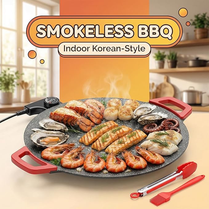 Indoor Smokeless Electric Griddle,Comales Para Tortillas Electricos, Portable Electric Korean Bbq Grill,Round Electric Griddle For Bbq, Tortillas, Steaks, Burgers, Pancakes (14.2 in)