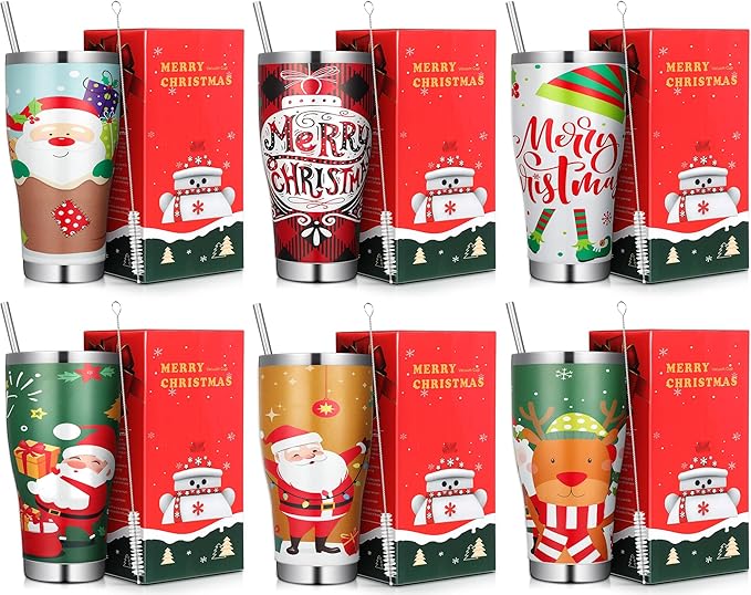 Mifoci 6 Pcs Christmas Tumblers 30oz Stainless Steel Christmas Travel Coffee Cup Double Insulated Vacuum Tumbler with Lid Straw Santa Claus Holiday Mug Gifts for Coworker Team Teacher(Classic)
