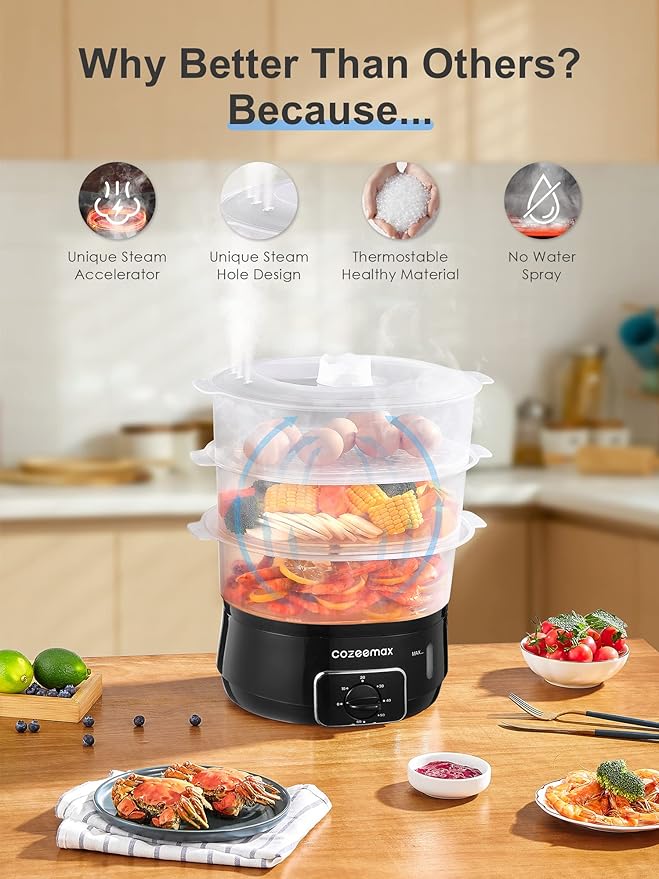 3 Tier Electric Food Steamer for Cooking, 13.7QT Vegetable Steamer for Fast Simultaneous Cooking, Veggie Steamer, Food Steam Cooker, 60 Minute Timer, BPA Free Baskets, 800W(Black)