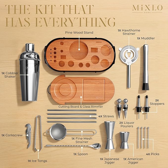 Mixology Bartender Kit - 22Pcs Bar Set Cocktail Shaker Set w Brown Bar Cart Accessories Stand - Shakers Bartending Silver Tools, 24oz Shaker, 17 Recipe Cards, Martini Barware