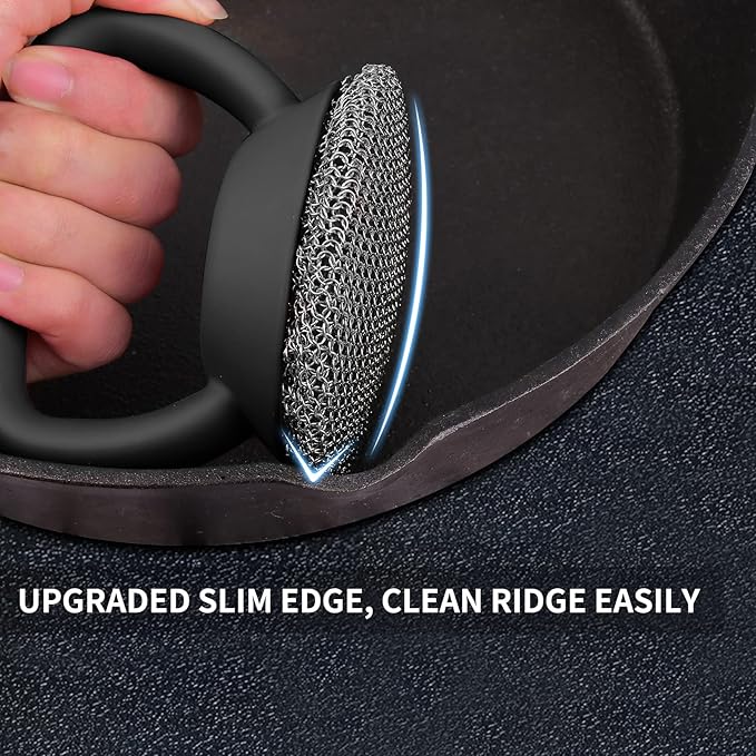 Cast Iron Cleaner Scrubber+Tray with Handle, Welded Chainmail Scrubber for Pan Pot Oven Wok Cleaning- Small Ring Chain Scrub Metal Brush Iron Skillet Steel Wool Scrubber Steel Sponge