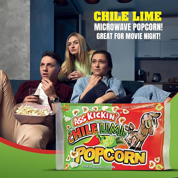 ASS KICKIN' Chile Lime Microwave Popcorn Bags - 3 Pack - Ultimate Spicy Popcorn Gourmet Gift - Makes a Great Movie Theater Popcorn or Snack Food for Movie Night
