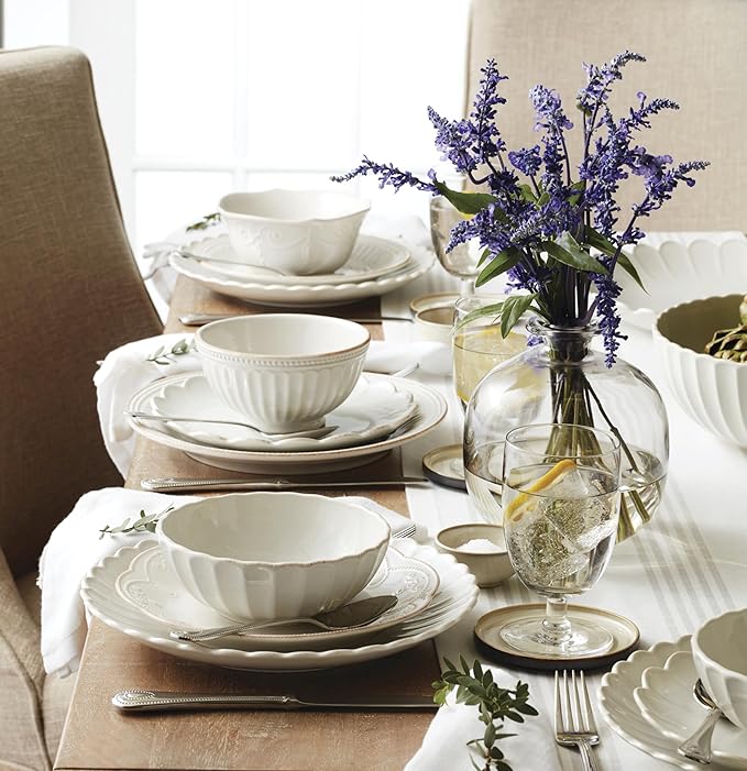Lenox Stoneware Dinnerware Sets, French Perle Scallop White 12-Piece Dinnerware Set for 4, Service For 4, Dishwasher Safe Dishware, Dishes Set, Stoneware Dinner Plates and Bowls Sets (White, 12 Piece)