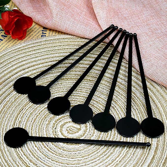 100Pcs Cocktail Swizzle Sticks, 7 Inches Disposible Plastic Disc Top Drink Stirrers Black Drinks Mixing Rod for Coffee Milk Cocktail Whiskey Beverage Bar (Black)