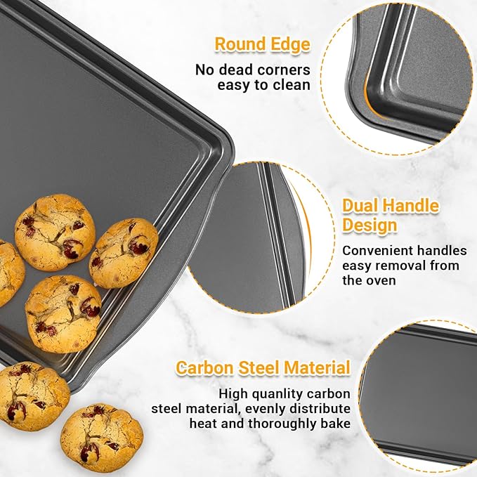 Baking Pan Set of 3 - Carbon Steel Baking Sheets Set, 17 Inch, Nonstick Cookie Sheets for Baking, Rust & Warp Resistant & Stackable, Nontoxic & Heavy Duty & Easy Clean