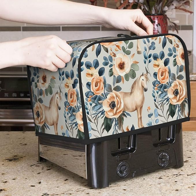 Beige Flower Horses Toaster Cover 2 Slice, Cute Rural Bread Machine Cover, Washable Dust-Proof Cover for Kitchen Small Appliance Cover,with Top Handle
