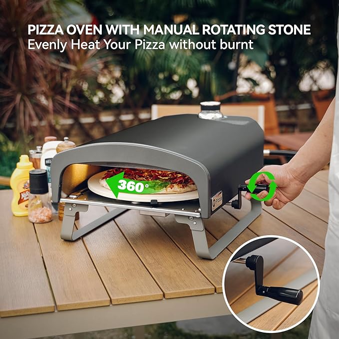 Portable Propane Pizza Oven with Manual Rotating Stone, Tabletop Gas Stove for Outdoor Kitchen, Gas Oven for Making Pizza, Bread, Steak, Pie, PS104