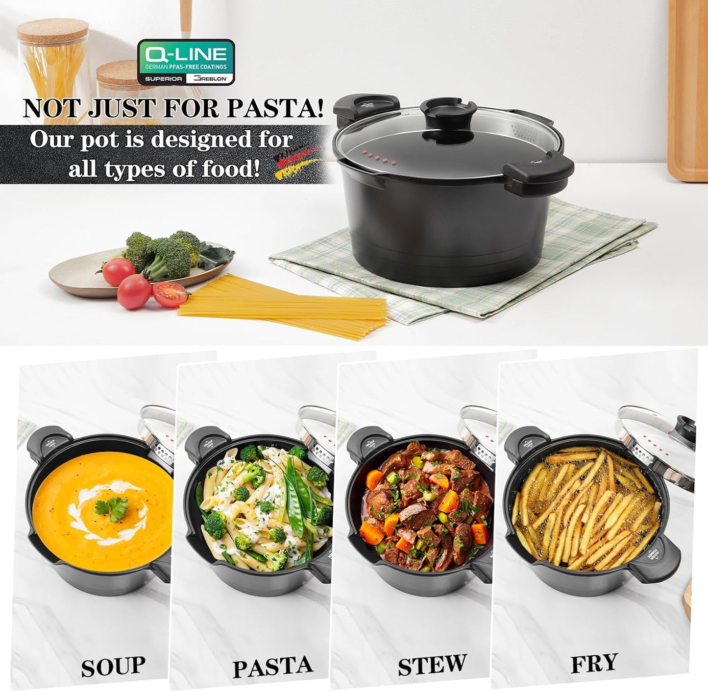 ACTIV CUISINE 5qt Pasta Pot with Strainer Lid, Cast Aluminum Stockpot Multipot, Nonstick Ceramic Coating make Cleanup easy with Tempered Glass Lid, Dishwasher Safe, Induction, Black