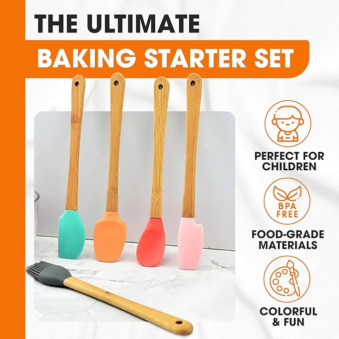 Cheer Collection Mini Silicone Spatula Set – 5-Piece Wooden Handle Kids Baking Tools, Non-Stick Mini Spatula for Baking, Cooking, Cake Decorating & Family Kitchen Fun
