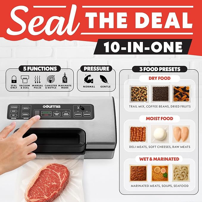 Gourmia Vacuum Sealer – Food Preservation System with Marinate Mode and Vacuum Hose, Pulse Control, LED Display, Built-In Cutter, Gentle & Normal Vacuum Options, Stainless Steel