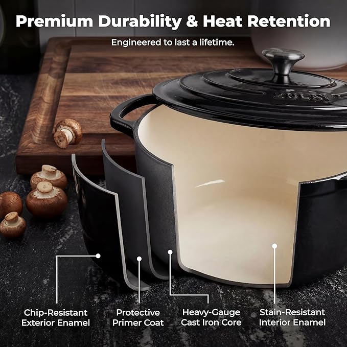 Zulay Kitchen 5 Quart Enameled Cast Iron Dutch Oven Pot with Lid – Premium Durability & Oven Safe up to 500°F – Heavy Duty Cookware Perfect for Bread Baking, Stews, Braising & Roasting – Black