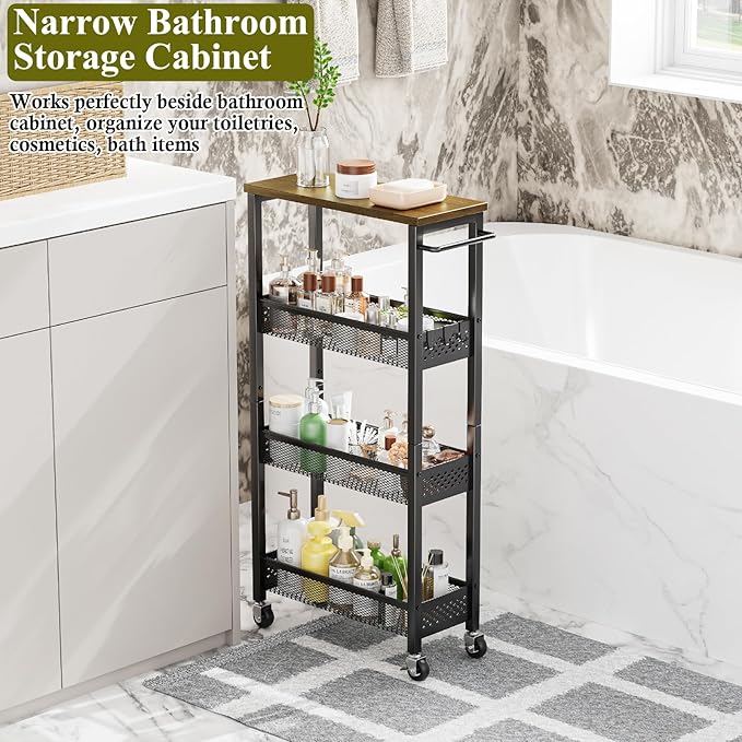 OKZEST Utility Slim Storage Cart, 4 Tier Small Rolling Kitchen Laundry Room Cart with Wood Top, Metal Narrow Bathroom Storage Cabinet Mobile Shelf Unit Organizer Trolley with Handle for Narrow Space