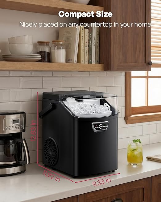 ICYGLEE Nugget Ice Maker Countertop with Handle, Ready in 4 Mins, Max 40lbs/24H, Chewable Ice, Self-Cleaning, Portable Sonic Ice Maker with Basket and Scoop, for Home/Party/RV/Camping (Black)