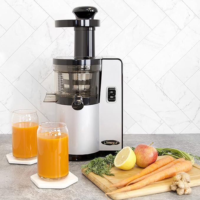 Omega Juicer Cold Press Vertical 43 RPM Slow Masticating Compact Juice Extractor for Fruits and Vegetables Quiet Operation with 3 Stage Auger Automatic Pulp Ejection and No-Drip Tap, 150-Watts, Silver