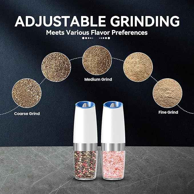 Gravity Electric Salt and Pepper Grinder set of 2, Automatic Salt And Pepper Grinder Set, Adjustable Roughness, Battery Powered, LED Light, 2 Pack, (White)