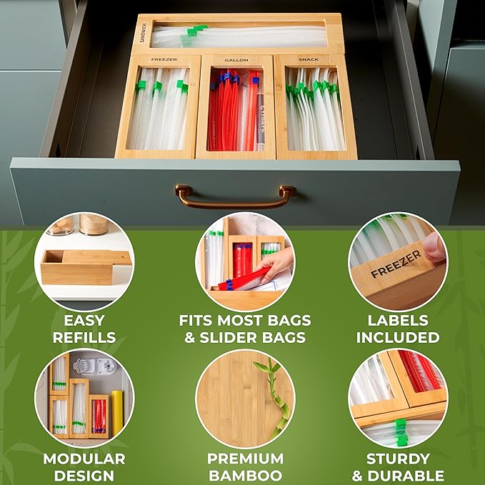 Storage Bag Organizer, Bamboo Baggie Organizer for Drawer, 4 Modular Blocks for Kitchen Organization, Plastic Bag Storage Organizer, Quick Refill - Fits Gallon, Quart, Sandwich, Snack Size Bags