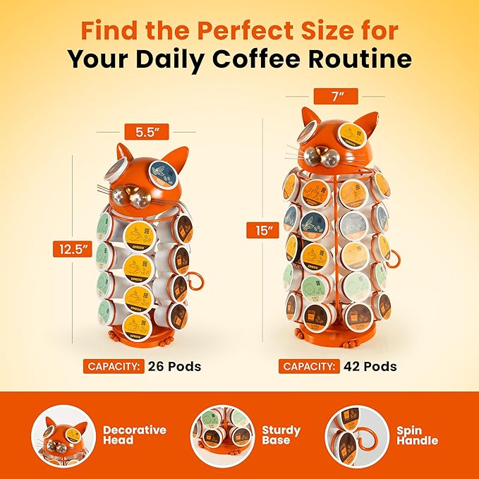 Made Easy Kit Carousel Coffee Pod Holder - Compatible with Keurig K-Pods K-Cups - Countertop 360 Spin Rack Storage Organizer - Revolving Base - Capsule Café Station Bar (Cat Orange, Large)
