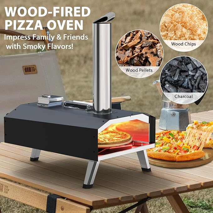 12" Portable Wood Pellet Pizza Oven with 360° Rotating Stone - Wood-Fired for Authentic Flavor, Ideal for Backyard, Camping, Picnics, and Patios - Easy to Use for Perfect Outdoor Cooking