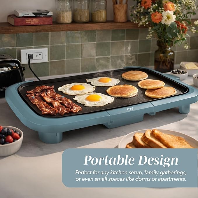 COOK WITH COLOR Electric Griddle 1200W, Nonstick Surface for Pancakes, Burgers, Eggs & More, Removable Temperature Control, Slide-Out Drip Tray, 10" x 16" Cooking Area, Slate Blue