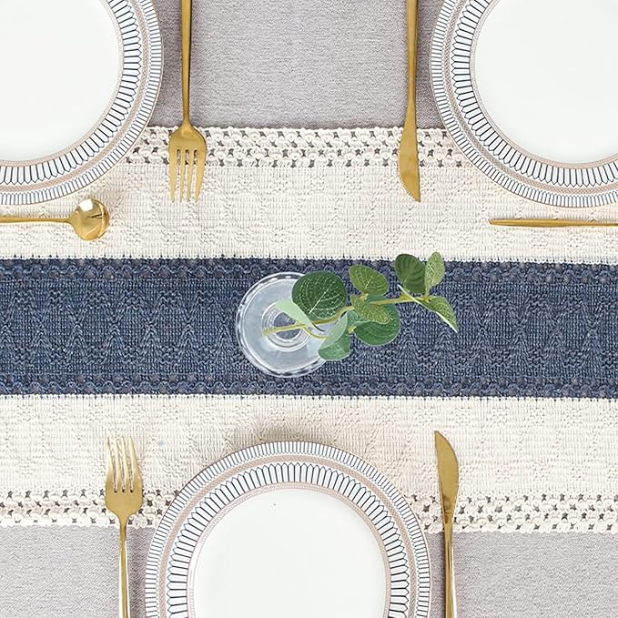 FEXIA Boho Table Decor 48 Inch Cream & Blue Macrame Runner with Tassels for Boho Dining & Bedroom Decor Rustic Bridal Shower (12x48 Inches)