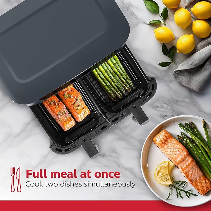 Holstein Housewares 8.4QT Dual Basket Digital Air Fryer with viewing window and led display with 7 preset options. Fry, bake, grill, dehydrate, and roast healthier recipes. Dishwasher Safe