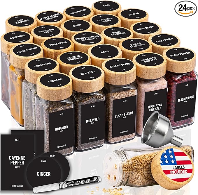 Deco haus Glass Spice Jars with Bamboo lids 24 x 4oz [LABELS incl] Spice Containers with 280 Labels, Funnel & Chalk Marker - Empty Herb Seasoning Containers, Small Seasoning Bottles for Herb