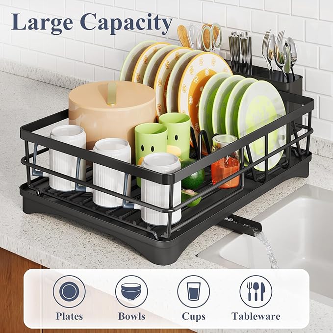Dish Drying Rack - Rust Resistant Dish Drainer for Kitchen Counter with Drainboard & Rotating Spout, Large-Capacity Dish Rack with Removable Utensil Holder, Space-saving kitchen organizer, Black