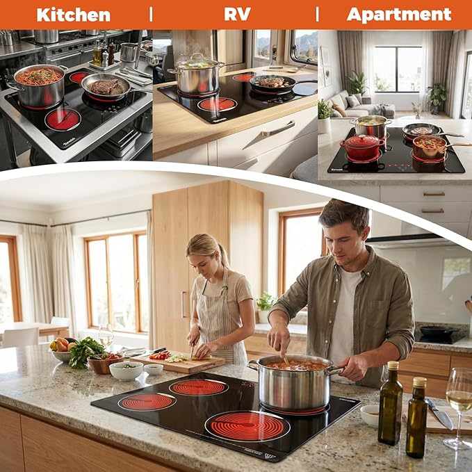 TOPWISH 24 Inch Electric Cooktop, 4 Burners Built-in Electric Stove Top Hot Plate, 6000W Drop-in Ceramic Cooktop Kitchen Stoves with Touch Control, Safety Lock, Timer, 220-240v (Hard Wired No Plug)