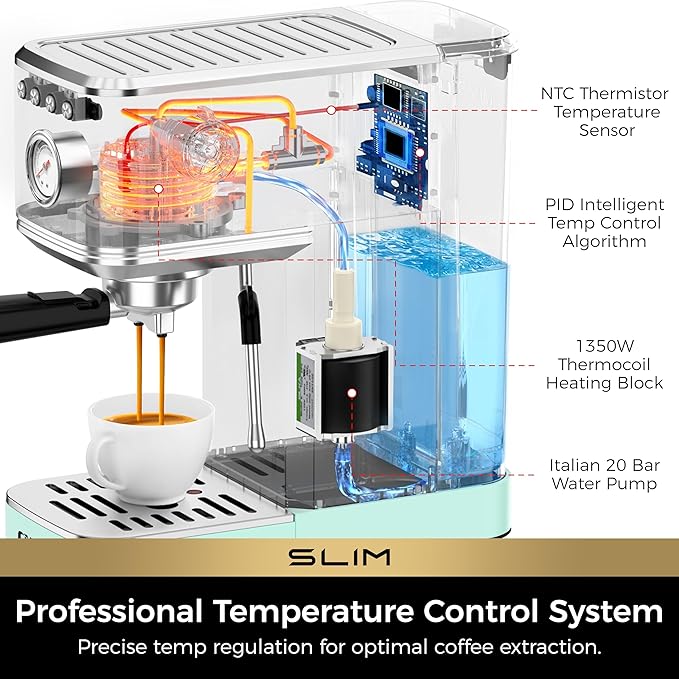 CHULUX Slim Espresso Machine with Milk Frother, 20 Bar Professional Italian Pump Espresso Coffee Machine for Home Cappuccino & Latte Maker, Stainless Steel, Pastel Green