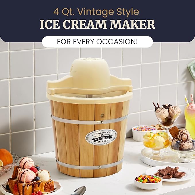 Elite Gourmet EIM924LX 4 quart Old Fashioned Electric Ice Cream Maker, Pine Bucket